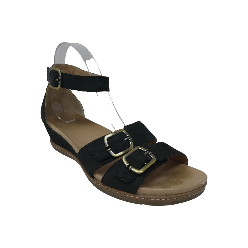 Dansko Wedge Sandals Women Size 40 Black Leather Ankle Strap Buckle
